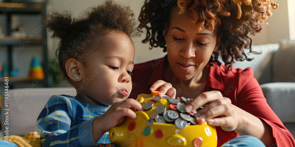 Woman and Child Filling Piggy Bank with Coins Woman and Child Filling Piggy Bank with Coins