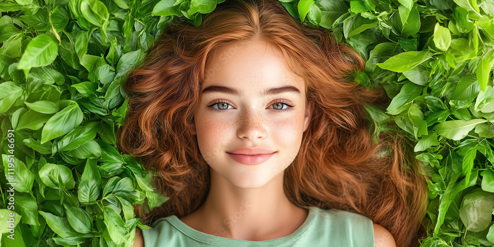 Naklejka premium A cheerful girl with radiant red hair lying amidst lush green leaves, exuding natural beauty and serenity in a vibrant and fresh composition.