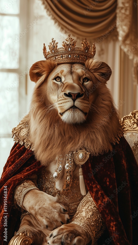 Lion wearing a luxurious royal cape made of velvet and gold crown, posed regally against a cream-and-gold elegant background, watercolor painting Lion wearing a luxurious royal cape made of velvet and gold crown, posed regally against a cream-and-gold elegant background, watercolor painting