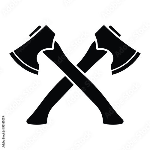 Crossed axes vector icon. Lumberjack or woodworking symbol. Black silhouette clipart isolated on white background.