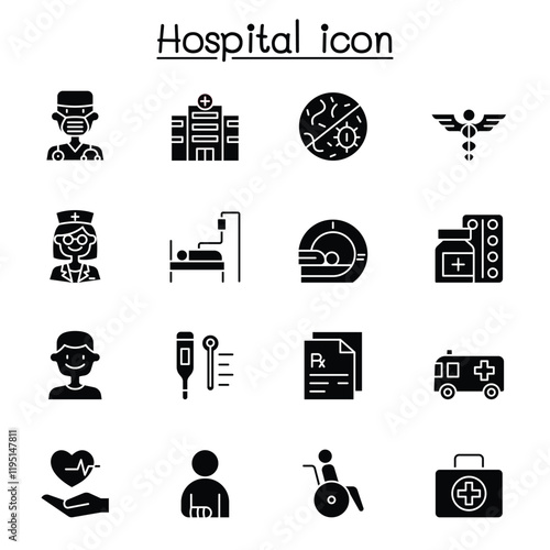 Set of Hospital related vector line icons. contains such Icons as doctor, nurse, healthcare, virus, prescription, patient, mri scaner, medicine, ambulance, wheelchair, hospital building, and more.