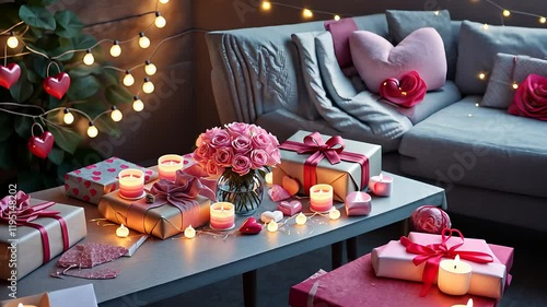 Romantic Living Room with Gifts, Candles, Heart-Shaped Pillows, and a Cozy Atmosphere with String Lights

 photo