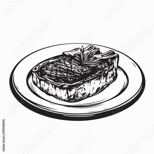 Black and white Steak Plate Vectors. Steak on a plate with a green garnish image vector.