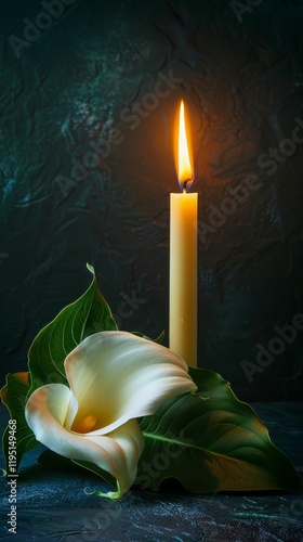 Elegant composition with a lit candle and white lily on a dark background. Ideal for greeting cards, religious or commemorative publications. photo