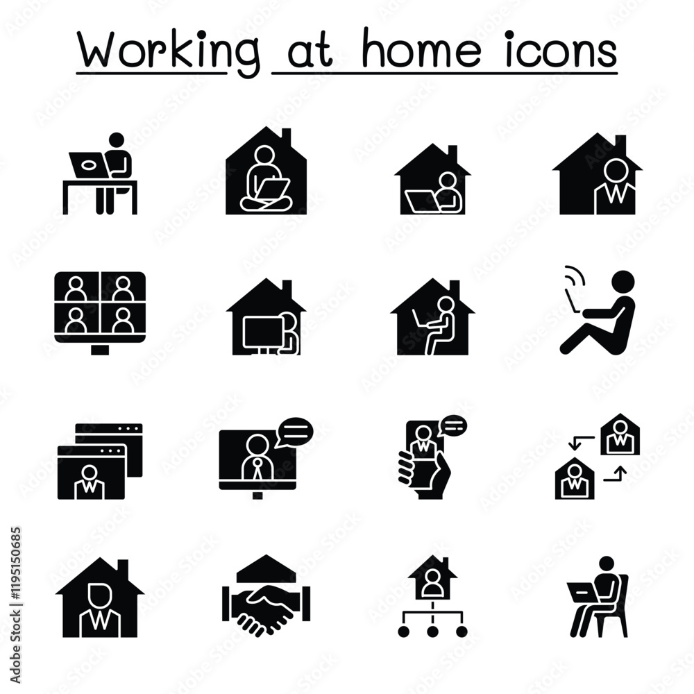 Fototapeta premium Working at home icons set in thin line style