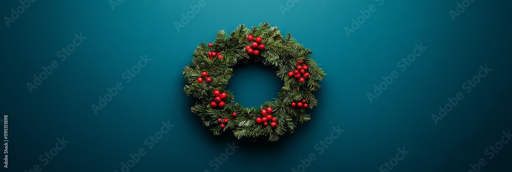 Christmas Wreath on Teal Wall, Minimalist Holiday Decoration, Festive Season, Winter Celebration Christmas Wreath on Teal Wall, Minimalist Holiday Decoration, Festive Season, Winter Celebration