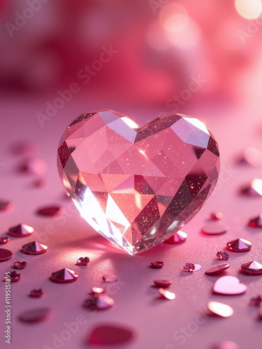 Une Coeur En Cristal Scintille Sur Un Fond Rose Brillant Recouvert De Paillettes Et De Strass, Ambiance Romantique Pour Saint Valentin. 00003 photo