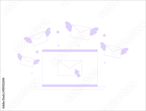 Laptop With Emails And Wings In Flat Vector Illustration Symbolizing Email Marketing, Communication, And Digital Messaging, Isolated On White Background.