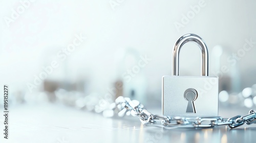 Close-up of a secured padlock fastened by a shiny chain on a blurred background, symbolizing security and protection in a digital or physical environment. photo