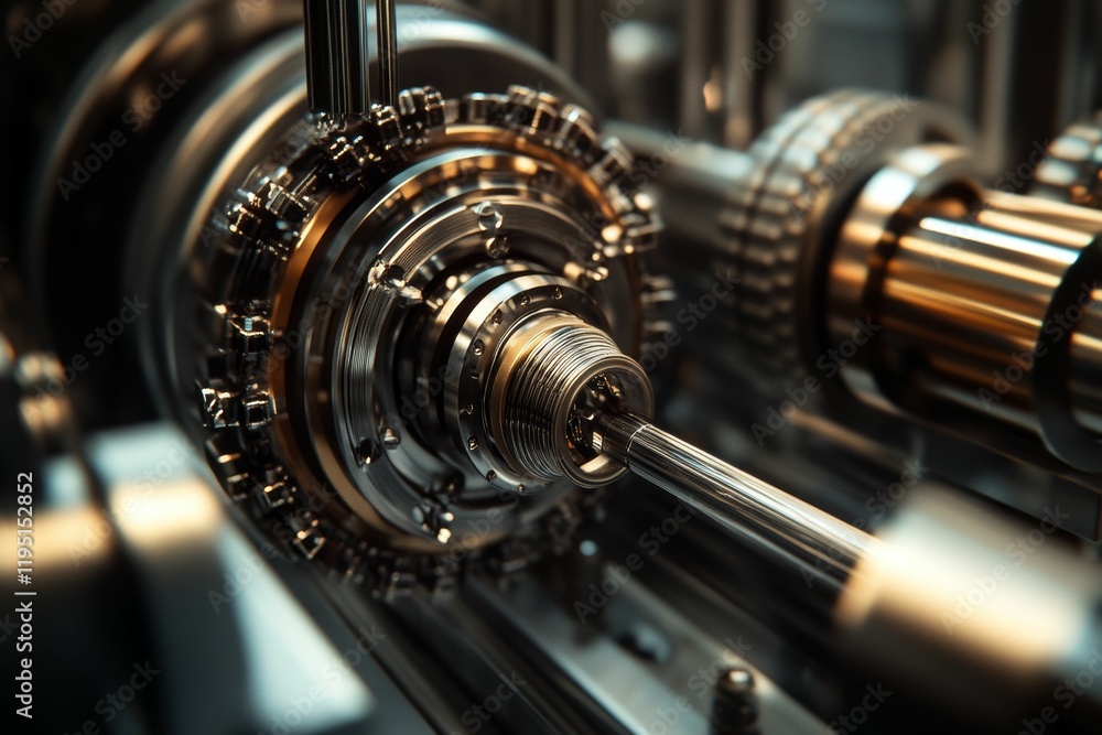 Naklejka premium Close-up metallic gears, intricate mechanism, precision engineering.