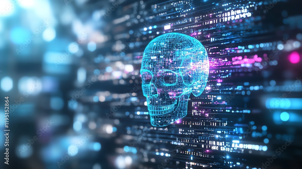 Futuristic digital skull with neon light lines and binary code. Conceptual image representing artificial intelligence, cybersecurity, and digital transformation in the tech world. Futuristic digital skull with neon light lines and binary code. Conceptual image representing artificial intelligence, cybersecurity, and digital transformation in the tech world.