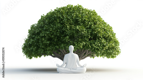 A high-fidelity 3D rendering of a banyan tree with a yogi meditating, showcasing tranquility and nature's beauty in a serene setting. photo