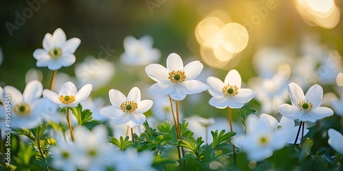 White Anemone nemerosa wildflowers in a lush green field, golden sunlight glimmering in the background, symbolizing new life and springtime joy. photo