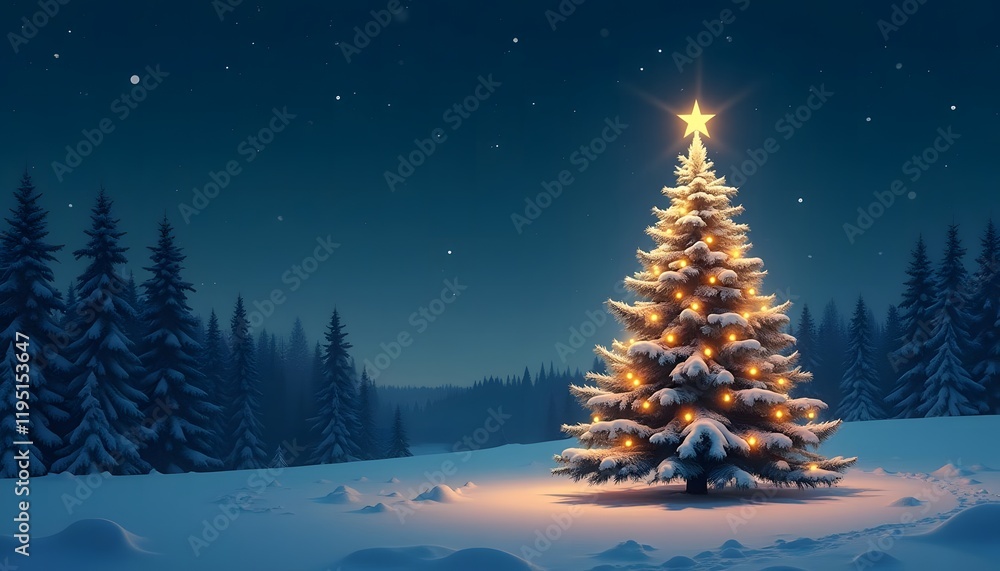 A Magical Christmas Eve: Illuminated Christmas Tree in a Snowy Winter Forest A Magical Christmas Eve: Illuminated Christmas Tree in a Snowy Winter Forest