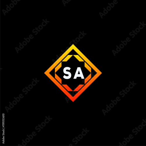 Free Download SA initials dynamic geometric logo design features a bold lettering sign in an orange and black color scheme, displayed against a dark background - GFXLoad