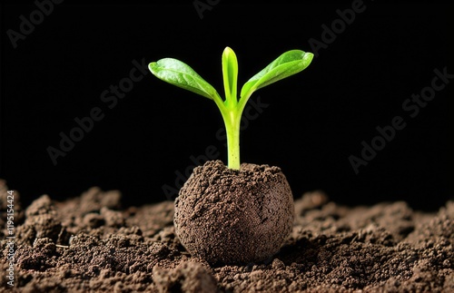 seed ball with a sprout on the ground on a black background. earth balls. nendo dango.