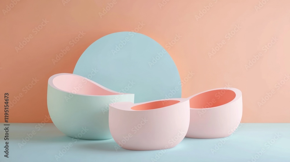 Pastel-colored bowls and circle backdrop. Pastel-colored bowls and circle backdrop.