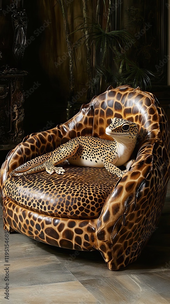 Obraz premium Leopard Print Chair With Gecko Figurine Resting