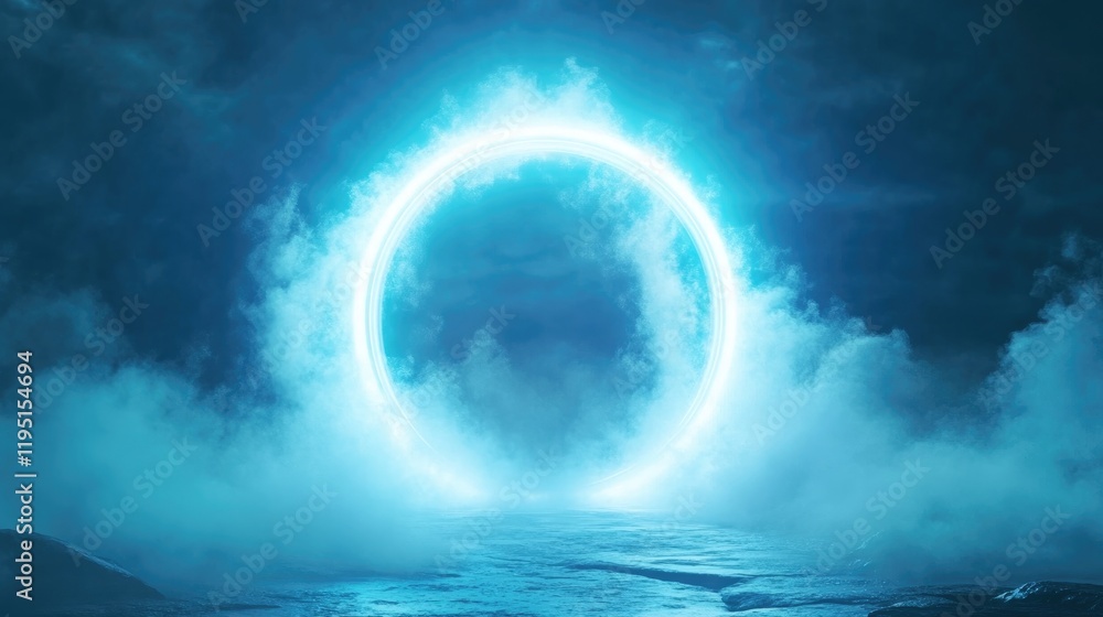 Fototapeta premium Mystical Blue Portal Surrounded by Ethereal Fog and Light Effects
