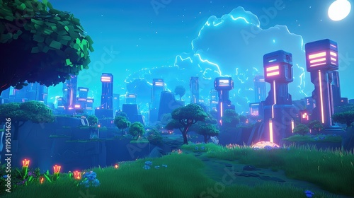 Majestic Futuristic Landscape with Vibrant Night Sky and Glow