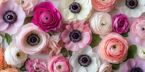 Fototapeta Naklejka Na Ścianę i Meble -  Colorful flat lay of ranunculus and anemone flowers in various shades of pink, white, and orange, arranged with ample copy space for design.