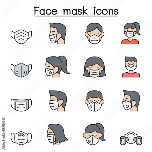 Face mask protection virus icons set in thin line style