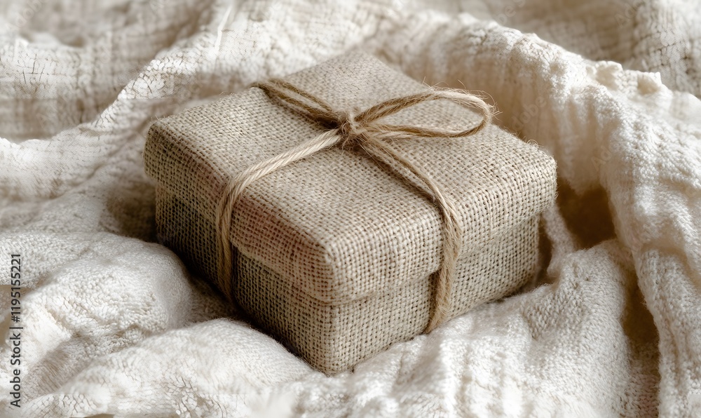 Small burlap gift box tied with twine on fabric. Small burlap gift box tied with twine on fabric.