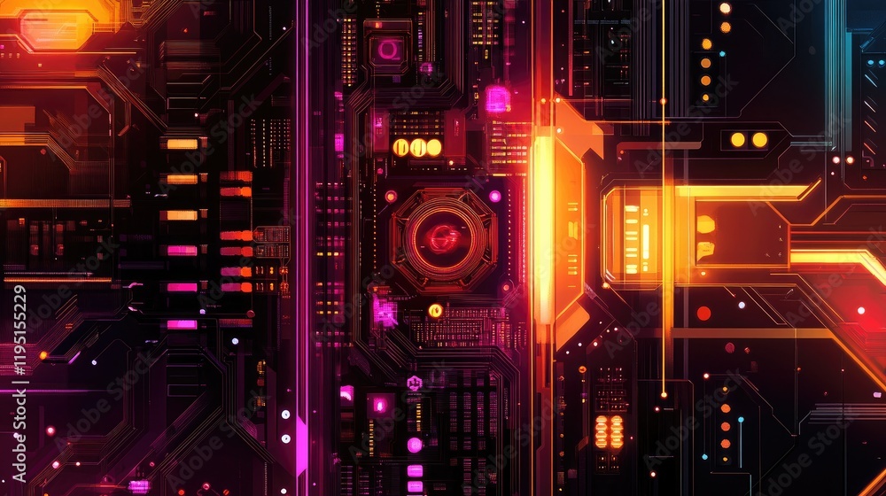 Futuristic Digital Circuit Board with Neon Lights and Glow Effects Futuristic Digital Circuit Board with Neon Lights and Glow Effects