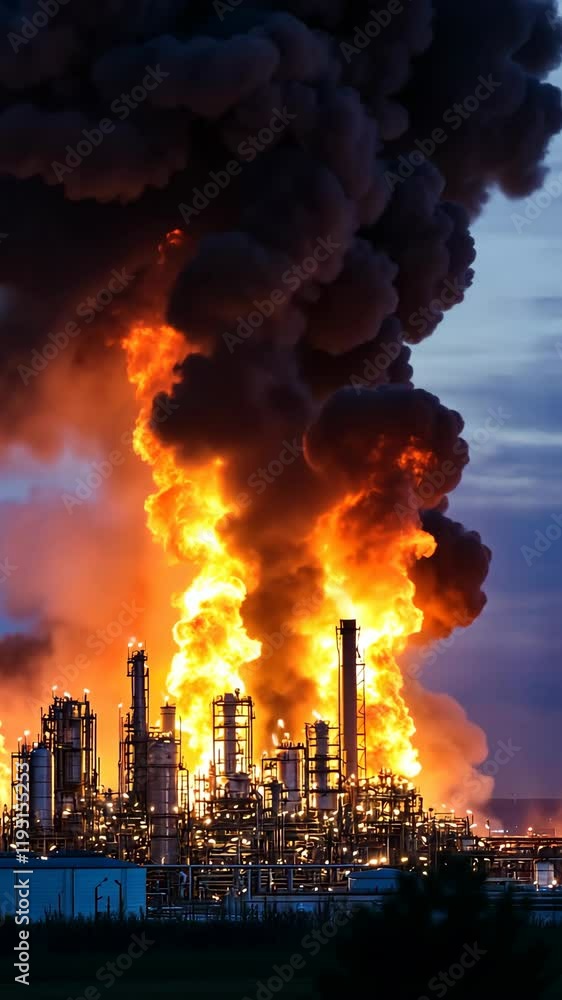 Fire engulfs industrial complex at dusk creating massive smoke and flames Fire engulfs industrial complex at dusk creating massive smoke and flames