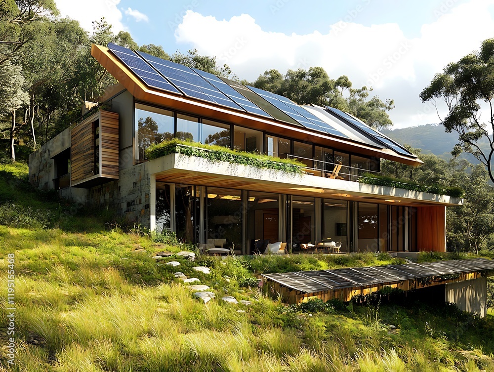  A modern, eco-friendly house with large solar panels on the roof, set in a natural, hilly landscape with green grass and bushes.