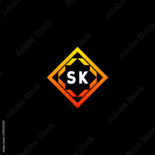 SK initials dynamic geometric logo design features a bold lettering sign in an orange and black color scheme, displayed against a dark background