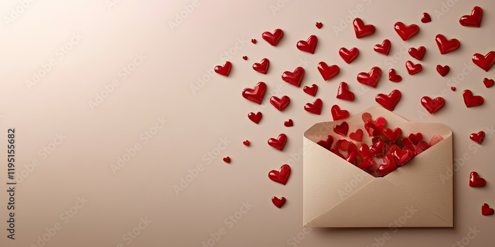 Envelope on beige background with red hearts spilling out, creating a romantic and festive atmosphere for Valentine's Day celebrations. Envelope on beige background with red hearts spilling out, creating a romantic and festive atmosphere for Valentine's Day celebrations.