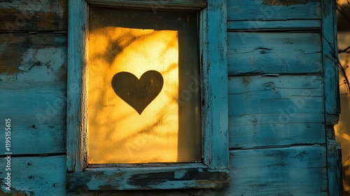 valentine theme background a small old window with dust shaped love shadow in yello lamp light photo