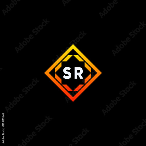 SR initials dynamic geometric logo design features a bold lettering sign in an orange and black color scheme, displayed against a dark background