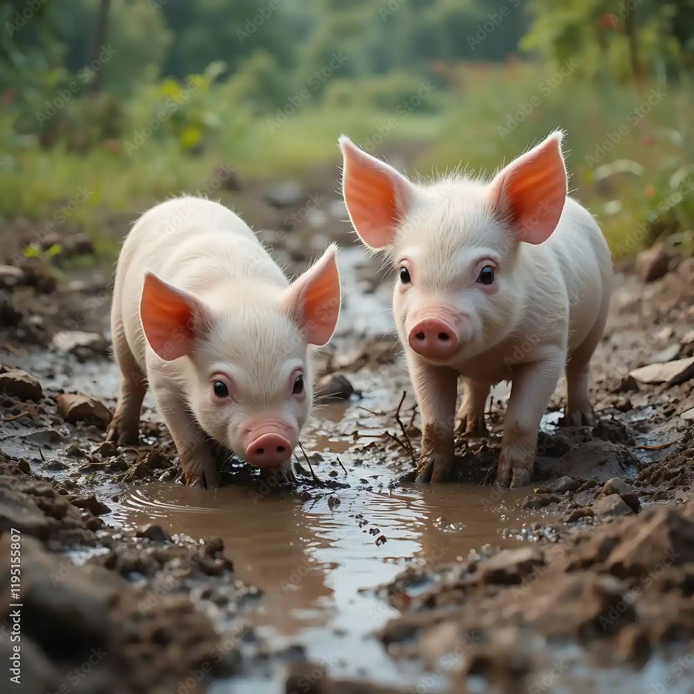 Adorable Piglets in a Rustic Puddle: A Charming Countryside Scene Adorable Piglets in a Rustic Puddle: A Charming Countryside Scene