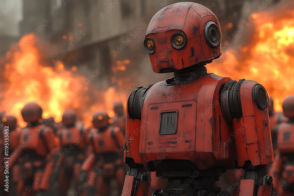 Red robot army amidst fiery chaos. Red robot army amidst fiery chaos.
