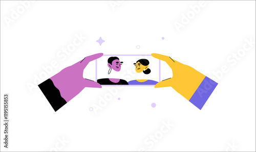 Hands Holding A Smartphone Capturing A Photo In Flat Vector Illustration Symbolizing Photography, Digital Communication, And Sharing Memories, Isolated On White Background.