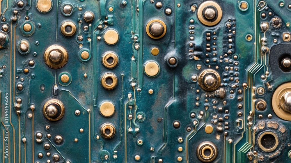 Close-up of a teal circuit board with gold components. Close-up of a teal circuit board with gold components.