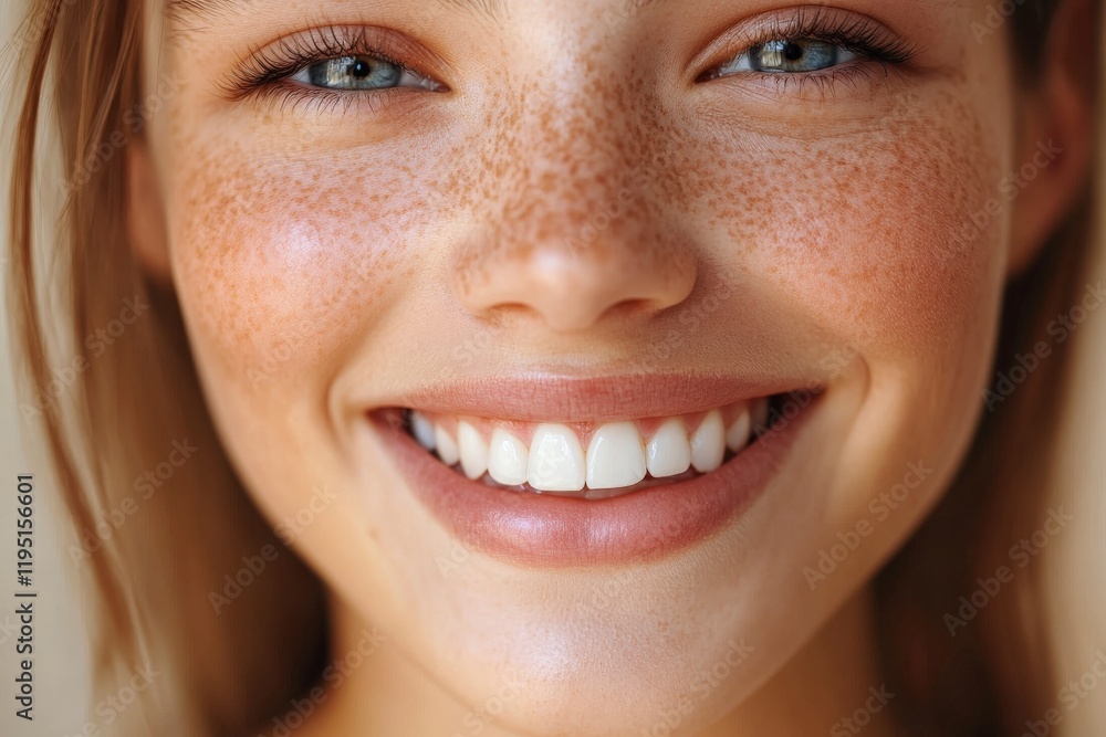 Close-up of a smiling woman with freckles showing bright blue eyes and perfect white teeth Close-up of a smiling woman with freckles showing bright blue eyes and perfect white teeth