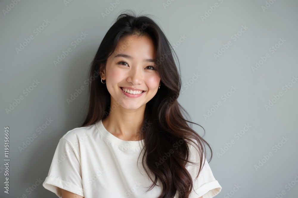 Portrait of an attractive woman with long hair smiling against a simple gray background, radiating warmth and approachability while exuding confidence and charm Portrait of an attractive woman with long hair smiling against a simple gray background, radiating warmth and approachability while exuding confidence and charm