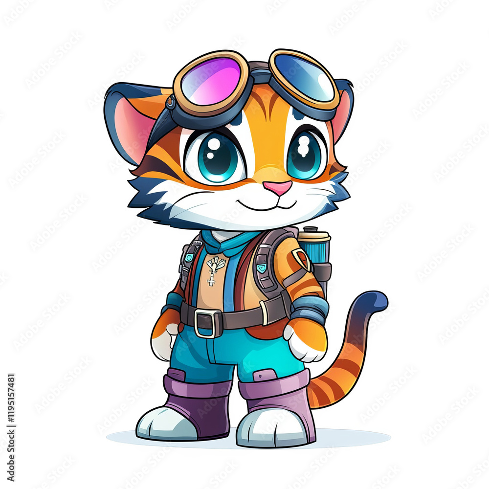 Naklejka premium Adventurous cat character digital art cute animation style whimsical environment fun perspective playful concept