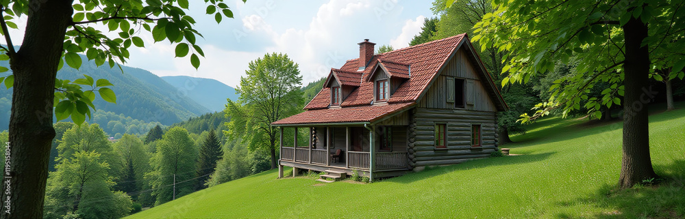Obraz premium The Old Wooden House With A Red Tile Roof Stood Peacefully On The Quiet Country Hillside Surrounded By Green Trees Everywhere Outside. 00003