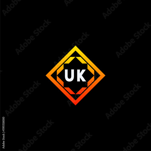 UK initials dynamic geometric logo design features a bold lettering sign in an orange and black color scheme, displayed against a dark background
