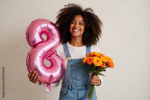 Lovely woman celebrates International Women's Day holding a pink balloon shaped like the number eight alongside a bouquet of bright flowers against a neutral background photo