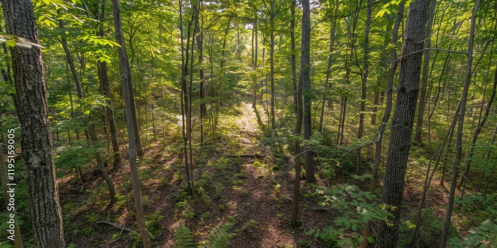 Naklejka premium A serene forest scene with sunlight filtering through lush green trees, creating a peaceful atmosphere.