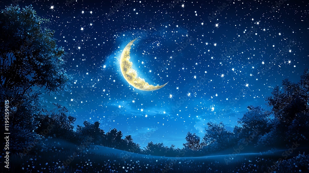 A tranquil night sky filled with stars and a crescent moon, surrounded by trees, creating a serene and magical atmosphere. A tranquil night sky filled with stars and a crescent moon, surrounded by trees, creating a serene and magical atmosphere.