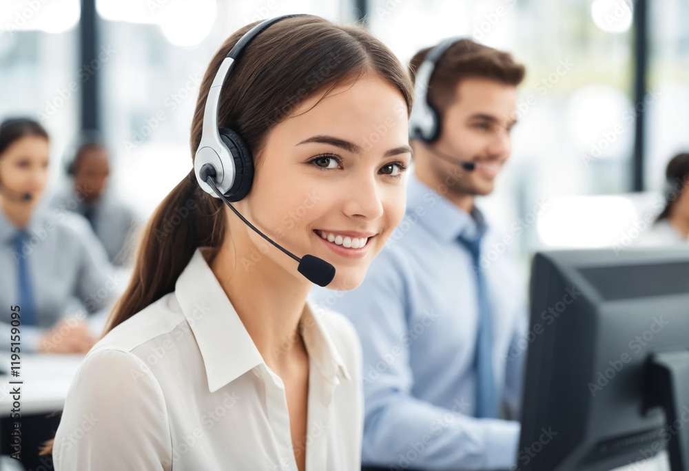 Smiling young female call center agent wearing headset, blurred background concept Smiling young female call center agent wearing headset, blurred background concept