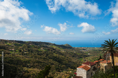 top view of the village of Grisolia with a cloudy sky in the background, Cosenza