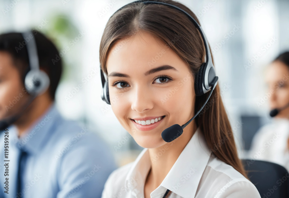 Smiling young female call center agent wearing headset, blurred background concept Smiling young female call center agent wearing headset, blurred background concept