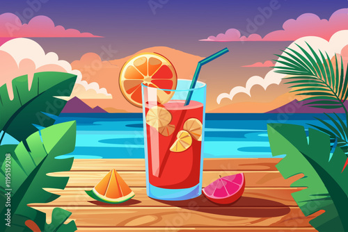 A vividly colored tropical cocktail served on a wooden table, overlooking a bright beach scene. It features fresh fruit garnishes, ice cubes, and mint leaves, evoking a vibrant, summery, and relaxing.
